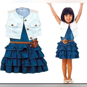 Children denim jeans dress vest and belt set summer casual dress 3 set
